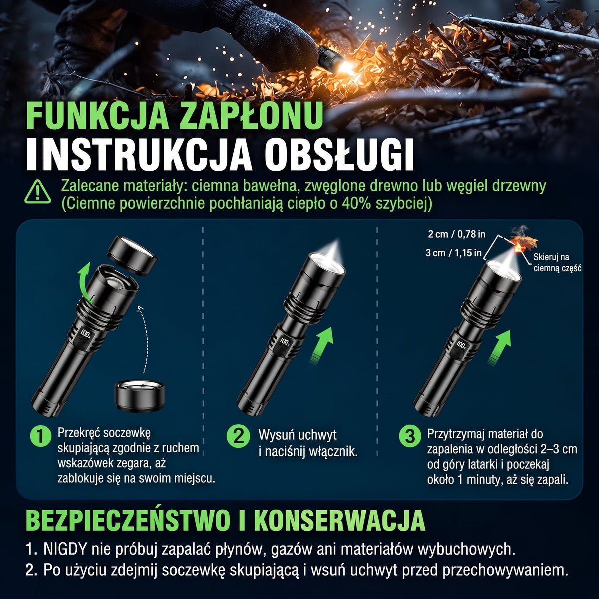 Instrukcja korzystania z soczewki do rozpalania ognia