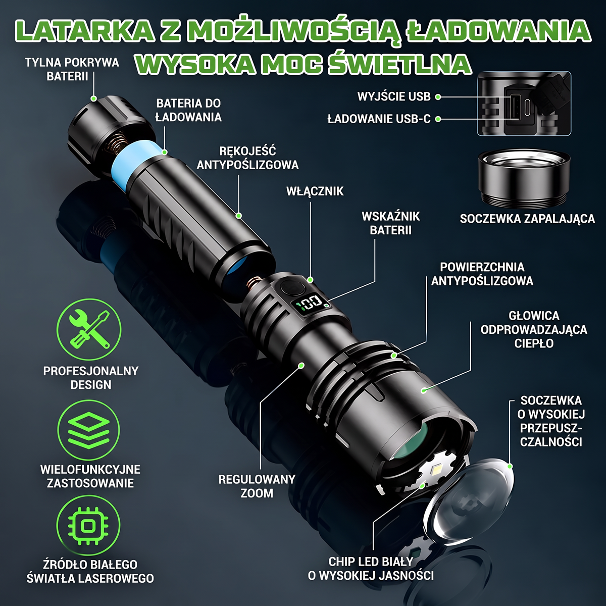 Elementy i przyciski sterujące latarki