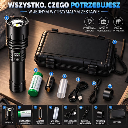 Latarka i dołączone akcesoria w walizce