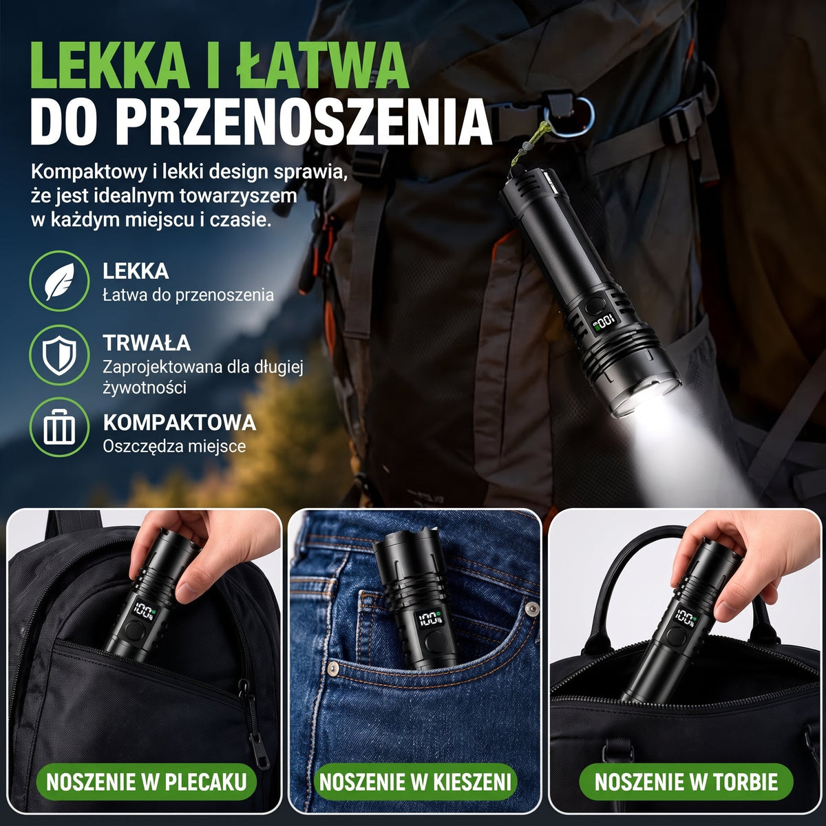 Kompaktowa latarka w plecaku, kieszeni lub torbie